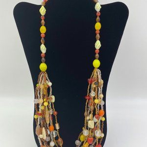 Multi-Strand Beaded Statement Necklace Yellow Red Copper Brown Beads Unmarked